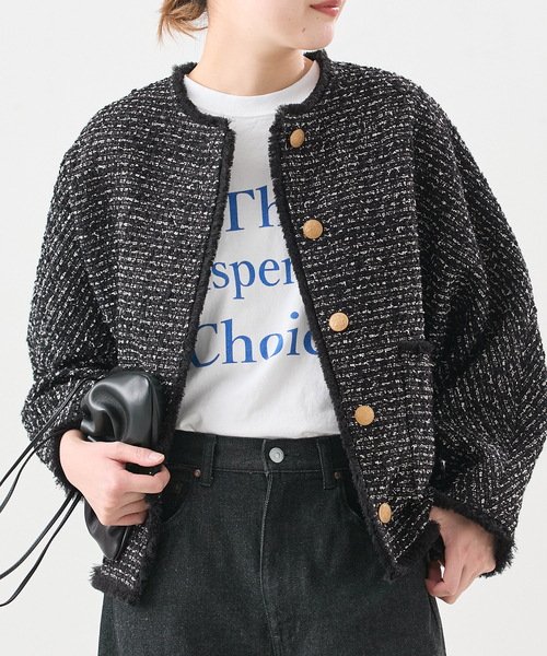 journal standard L'essage(ジャーナルスタンダードレサージュ)の「《追加》【一部店舗&WEB限定】GIOLICATWEED ドルマンジャケット 3(ノーカラージャケット・レディース・ブラック×ブラック/ブラックミックス・FREE)」の2枚目の写真