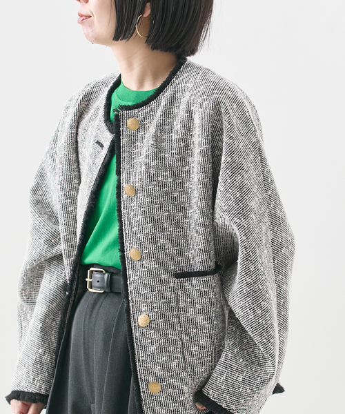 journal standard L'essage(ジャーナルスタンダードレサージュ)の「《追加》【一部店舗&WEB限定】GIOLICATWEED ドルマンジャケット 3(ノーカラージャケット・レディース・ブラック×ブラック/ブラックミックス・FREE)」の10枚目の写真