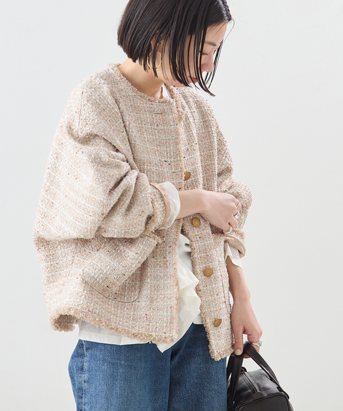 journal standard L'essage(ジャーナルスタンダードレサージュ)の「《追加》【一部店舗&WEB限定】GIOLICATWEED ドルマンジャケット 3(ノーカラージャケット・レディース・ブラック×ブラック/ブラックミックス・FREE)」の17枚目の写真