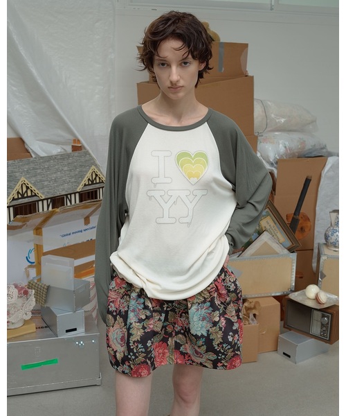 OPEN Yy(オープンワイワイ)の「【OPEN YY / オープンワイワイ】 Knitted I LOVE YY RAGLAN TEE(Tシャツ/カットソー・レディース・ブルー系その他/グリーン・SMALL/MEDIUM)」の1枚目の写真