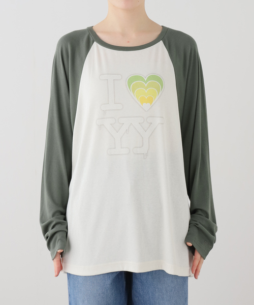 OPEN Yy(オープンワイワイ)の「【OPEN YY / オープンワイワイ】 Knitted I LOVE YY RAGLAN TEE(Tシャツ/カットソー・レディース・ブルー系その他/グリーン・SMALL/MEDIUM)」の3枚目の写真