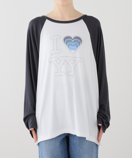 OPEN Yy(オープンワイワイ)の「【OPEN YY / オープンワイワイ】 Knitted I LOVE YY RAGLAN TEE(Tシャツ/カットソー・レディース・ブルー系その他/グリーン・SMALL/MEDIUM)」の5枚目の写真