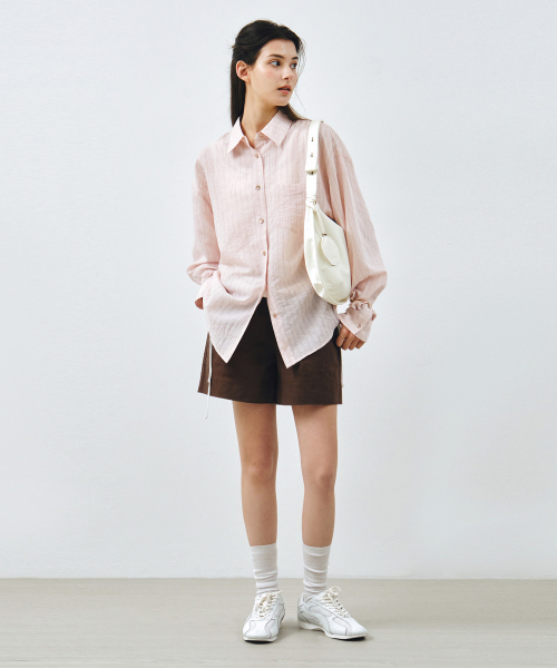 MONGDOL(モンドル)の「ストライプシースルーオーバーサイズシャツライトピンクMDSH019STLPINK(シャツ/ブラウス・レディース・その他・F)」の5枚目の写真