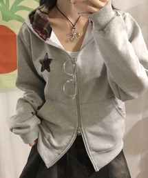 Emilie（エミリー）の「チェックフード ダブルジップ スウェットパーカー（テーラードジャケット）」