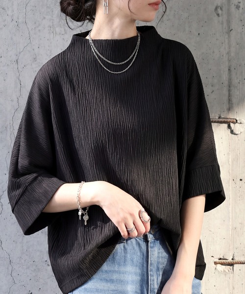 antiqua(アンティカ)の「モックネック 楊柳 カットソー(Tシャツ/カットソー・レディース・ホワイト/ネイビー/ブラック・ONESIZE)」の3枚目の写真