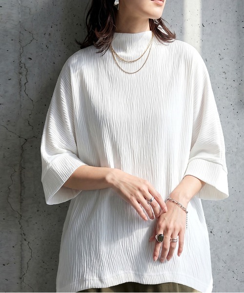 antiqua(アンティカ)の「モックネック 楊柳 カットソー(Tシャツ/カットソー・レディース・ホワイト/ネイビー/ブラック・ONESIZE)」の4枚目の写真