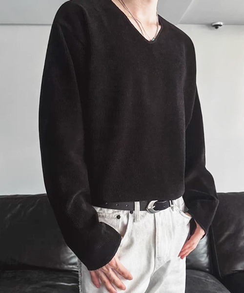 NOWLE(ノウル)の「【NOWLE】Vネック リブテクスチャー ロングスリーブ Tシャツ カットソー(Tシャツ/カットソー・メンズ・ブラウン/ブラック・X-LARGE/LARGE/MEDIUM)」の3枚目の写真