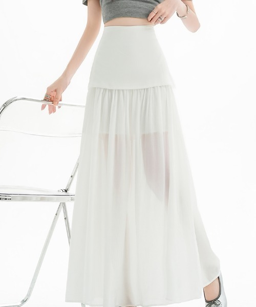 AMAJI(アマジ)の「ダブルレイヤー メッシュ 切替 ハイウエスト ロングスカート(スカート・レディース・カーキ/ブラック/ホワイト・SMALL/MEDIUM/LARGE/X-LARGE)」の7枚目の写真