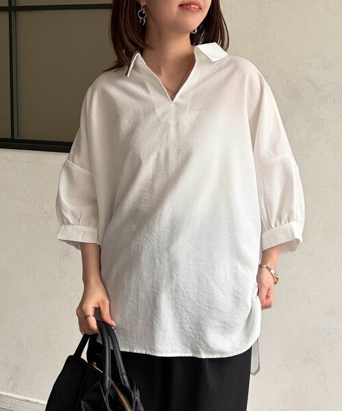 Chez toi(シェトワ)の「リネンライクBACKタックブラウス(シャツ/ブラウス・レディース・ブラック/オフホワイト/ブラウン・FREE)」の4枚目の写真