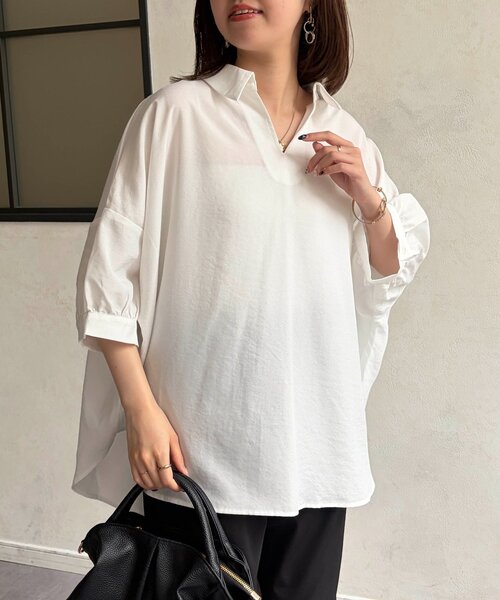 Chez toi(シェトワ)の「リネンライクBACKタックブラウス(シャツ/ブラウス・レディース・ブラック/オフホワイト/ブラウン・FREE)」の5枚目の写真