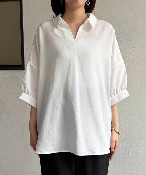 Chez toi(シェトワ)の「リネンライクBACKタックブラウス(シャツ/ブラウス・レディース・ブラック/オフホワイト/ブラウン・FREE)」の12枚目の写真