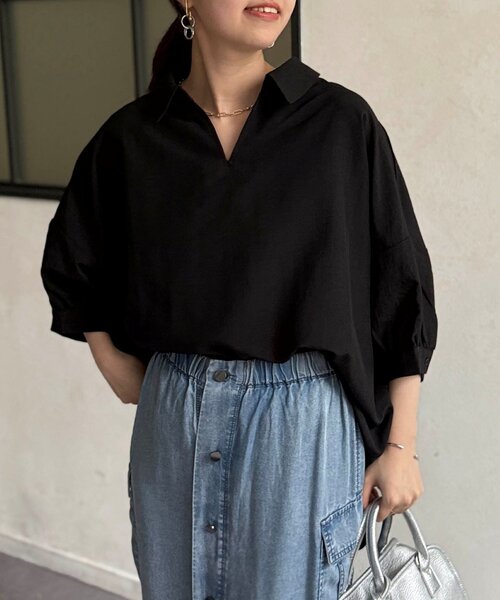 Chez toi(シェトワ)の「リネンライクBACKタックブラウス(シャツ/ブラウス・レディース・ブラック/オフホワイト/ブラウン・FREE)」の17枚目の写真