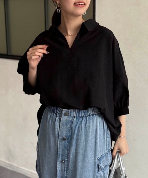 Chez toi(シェトワ)の「リネンライクBACKタックブラウス(シャツ/ブラウス・レディース・ブラック/オフホワイト/ブラウン・FREE)」の18枚目の写真