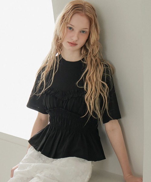 DONOBAN(ドノバン)の「シャーリングペプラムトップス(Tシャツ/カットソー・レディース・ブラウン/ホワイト/ブラック/ライトピンク・ONE SIZE)」の2枚目の写真