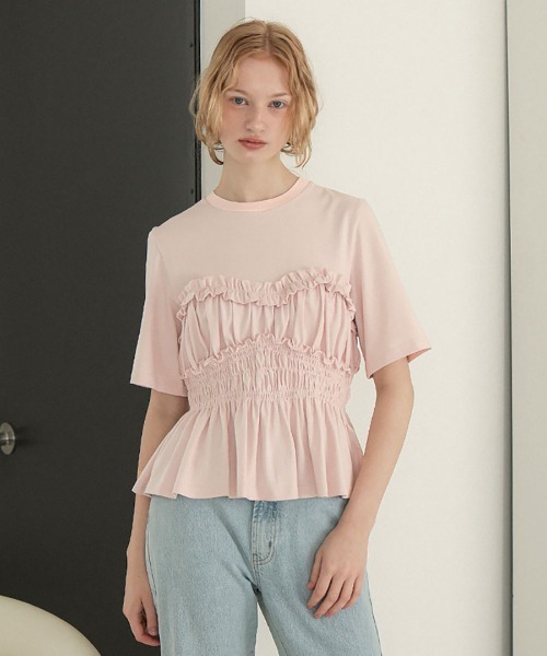 DONOBAN(ドノバン)の「シャーリングペプラムトップス(Tシャツ/カットソー・レディース・ブラウン/ホワイト/ブラック/ライトピンク・ONE SIZE)」の6枚目の写真