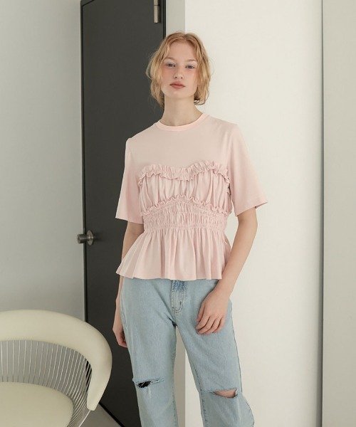 DONOBAN(ドノバン)の「シャーリングペプラムトップス(Tシャツ/カットソー・レディース・ブラウン/ホワイト/ブラック/ライトピンク・ONE SIZE)」の8枚目の写真