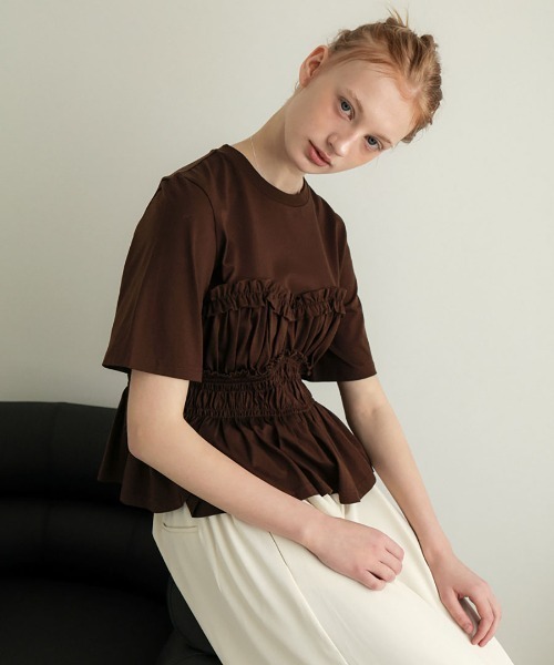 DONOBAN(ドノバン)の「シャーリングペプラムトップス(Tシャツ/カットソー・レディース・ブラウン/ホワイト/ブラック/ライトピンク・ONE SIZE)」の14枚目の写真