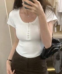 クロップドヘンリーネックTシャツ/カラバリ豊富/パット・カップ付き/半袖