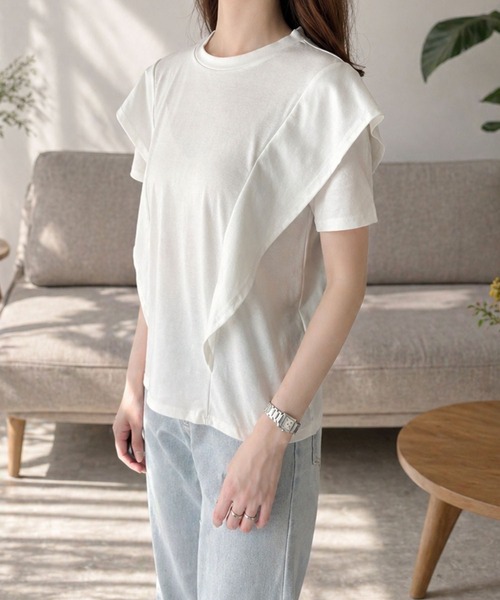Amulet(アミュレット)の「シンプルコーデに華やぎを添えるデザイン ラッフルフリルスリーブTシャツ(Tシャツ/カットソー・レディース・ホワイト/ブラック・FREE)」の10枚目の写真