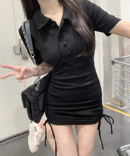 &soiree(アンドソワレ)の「サイドリボン付き半袖タイトワンピース(ワンピース・レディース・ブラック/サックスブルー・FREE)」の5枚目の写真