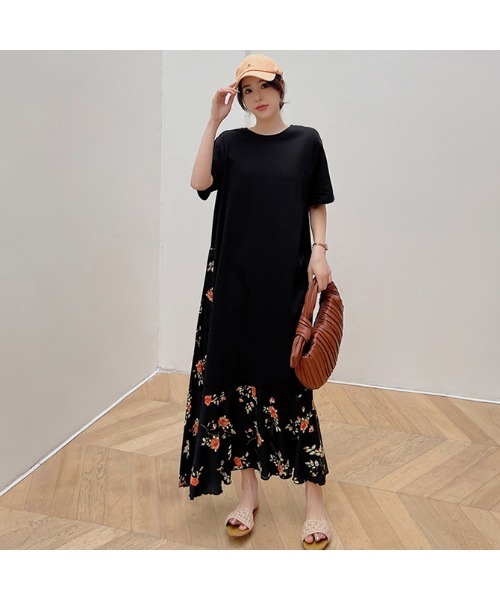 Tシャツマキシワンピース花柄裾フレアドッキングワンピ（シャツ