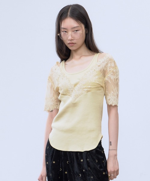 THINGS THAT MATTER(シングス ザット マター)の「SWITCHING LACE RIB TOPS / スイッチング レース リブ トップス(Tシャツ/カットソー・レディース・イエロー/ホワイト×ブラック/ブラック・FREE)」の3枚目の写真