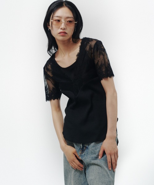 THINGS THAT MATTER(シングス ザット マター)の「SWITCHING LACE RIB TOPS / スイッチング レース リブ トップス(Tシャツ/カットソー・レディース・イエロー/ホワイト×ブラック/ブラック・FREE)」の1枚目の写真