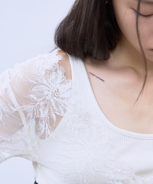 THINGS THAT MATTER(シングス ザット マター)の「SWITCHING LACE RIB TOPS / スイッチング レース リブ トップス(Tシャツ/カットソー・レディース・イエロー/ホワイト×ブラック/ブラック・FREE)」の21枚目の写真