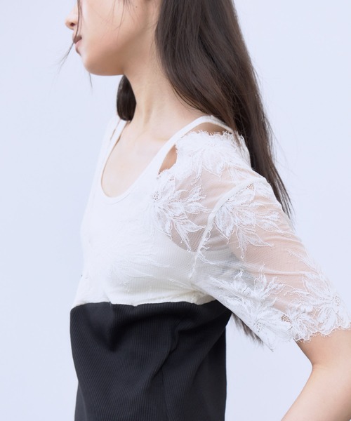 THINGS THAT MATTER(シングス ザット マター)の「SWITCHING LACE RIB TOPS / スイッチング レース リブ トップス(Tシャツ/カットソー・レディース・イエロー/ホワイト×ブラック/ブラック・FREE)」の22枚目の写真