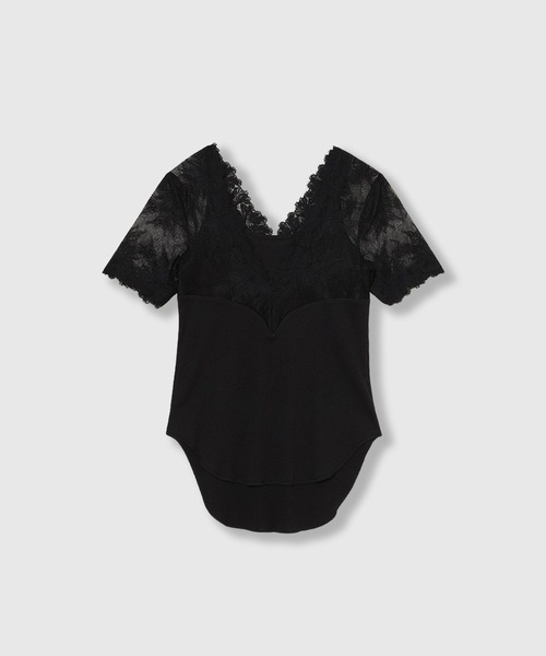 THINGS THAT MATTER(シングス ザット マター)の「SWITCHING LACE RIB TOPS / スイッチング レース リブ トップス(Tシャツ/カットソー・レディース・イエロー/ホワイト×ブラック/ブラック・FREE)」の8枚目の写真