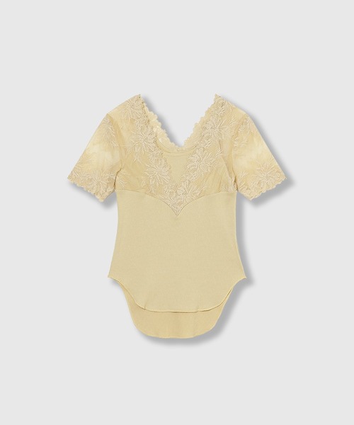 THINGS THAT MATTER(シングス ザット マター)の「SWITCHING LACE RIB TOPS / スイッチング レース リブ トップス(Tシャツ/カットソー・レディース・イエロー/ホワイト×ブラック/ブラック・FREE)」の6枚目の写真