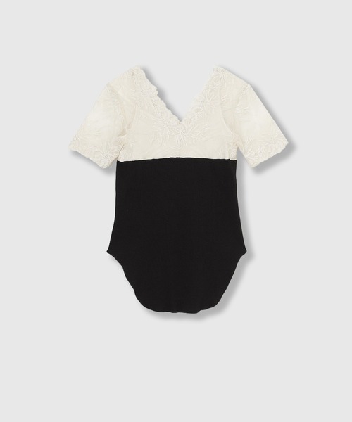 THINGS THAT MATTER(シングス ザット マター)の「SWITCHING LACE RIB TOPS / スイッチング レース リブ トップス(Tシャツ/カットソー・レディース・イエロー/ホワイト×ブラック/ブラック・FREE)」の9枚目の写真