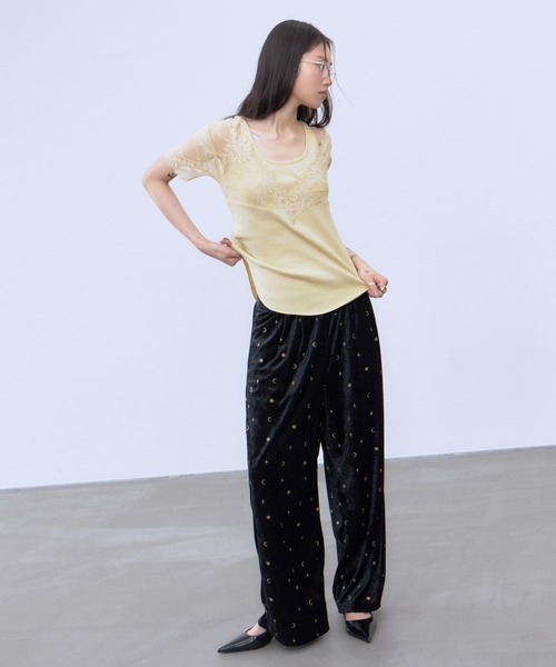 THINGS THAT MATTER(シングス ザット マター)の「SWITCHING LACE RIB TOPS / スイッチング レース リブ トップス(Tシャツ/カットソー・レディース・イエロー/ホワイト×ブラック/ブラック・FREE)」の16枚目の写真
