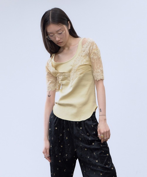 THINGS THAT MATTER(シングス ザット マター)の「SWITCHING LACE RIB TOPS / スイッチング レース リブ トップス(Tシャツ/カットソー・レディース・イエロー/ホワイト×ブラック/ブラック・FREE)」の20枚目の写真