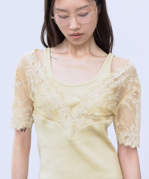 THINGS THAT MATTER(シングス ザット マター)の「SWITCHING LACE RIB TOPS / スイッチング レース リブ トップス(Tシャツ/カットソー・レディース・イエロー/ホワイト×ブラック/ブラック・FREE)」の19枚目の写真