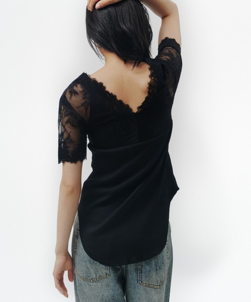 THINGS THAT MATTER(シングス ザット マター)の「SWITCHING LACE RIB TOPS / スイッチング レース リブ トップス(Tシャツ/カットソー・レディース・イエロー/ホワイト×ブラック/ブラック・FREE)」の12枚目の写真