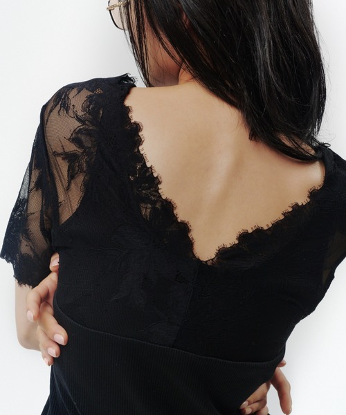 THINGS THAT MATTER(シングス ザット マター)の「SWITCHING LACE RIB TOPS / スイッチング レース リブ トップス(Tシャツ/カットソー・レディース・イエロー/ホワイト×ブラック/ブラック・FREE)」の11枚目の写真