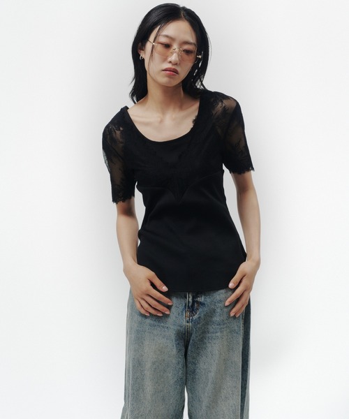 THINGS THAT MATTER(シングス ザット マター)の「SWITCHING LACE RIB TOPS / スイッチング レース リブ トップス(Tシャツ/カットソー・レディース・イエロー/ホワイト×ブラック/ブラック・FREE)」の14枚目の写真
