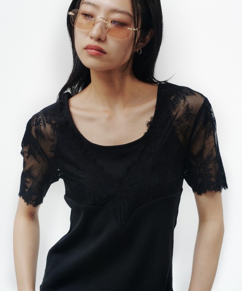 THINGS THAT MATTER(シングス ザット マター)の「SWITCHING LACE RIB TOPS / スイッチング レース リブ トップス(Tシャツ/カットソー・レディース・イエロー/ホワイト×ブラック/ブラック・FREE)」の15枚目の写真