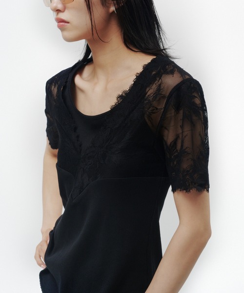 THINGS THAT MATTER(シングス ザット マター)の「SWITCHING LACE RIB TOPS / スイッチング レース リブ トップス(Tシャツ/カットソー・レディース・イエロー/ホワイト×ブラック/ブラック・FREE)」の13枚目の写真