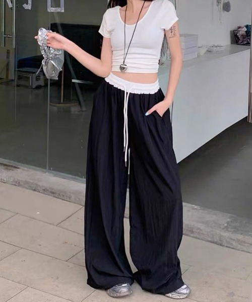 meJane(ミージェーン)の「配色ウエスト ストレートワイドイージーパンツ(その他パンツ・レディース・ブラック/ネイビー・L/M)」の3枚目の写真