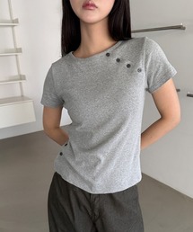 無地 アシンメトリー 斜線 ボタン 半袖 Tシャツ