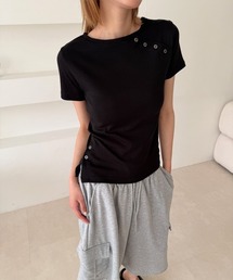 無地 アシンメトリー 斜線 ボタン 半袖 Tシャツ