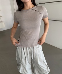 無地 アシンメトリー 斜線 ボタン 半袖 Tシャツ