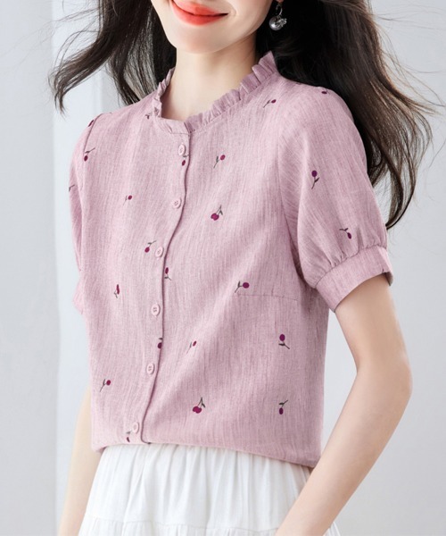 ONEP STAR(ワンピスター)の「さくらんぼ柄フリル襟パフスリーブブラウス(シャツ/ブラウス・レディース・ホワイト/カーキ/ピンク/ブルー・MEDIUM/LARGE/X-LARGE)」の4枚目の写真