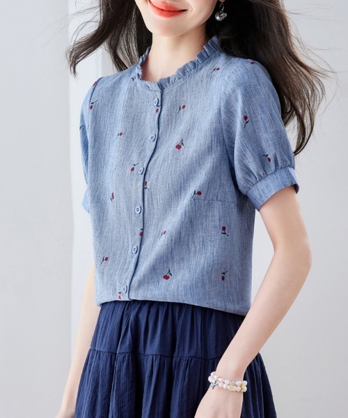 ONEP STAR(ワンピスター)の「さくらんぼ柄フリル襟パフスリーブブラウス(シャツ/ブラウス・レディース・ホワイト/カーキ/ピンク/ブルー・MEDIUM/LARGE/X-LARGE)」の22枚目の写真