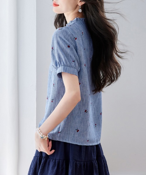 ONEP STAR(ワンピスター)の「さくらんぼ柄フリル襟パフスリーブブラウス(シャツ/ブラウス・レディース・ホワイト/カーキ/ピンク/ブルー・MEDIUM/LARGE/X-LARGE)」の16枚目の写真