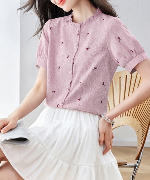 ONEP STAR(ワンピスター)の「さくらんぼ柄フリル襟パフスリーブブラウス(シャツ/ブラウス・レディース・ホワイト/カーキ/ピンク/ブルー・MEDIUM/LARGE/X-LARGE)」の21枚目の写真