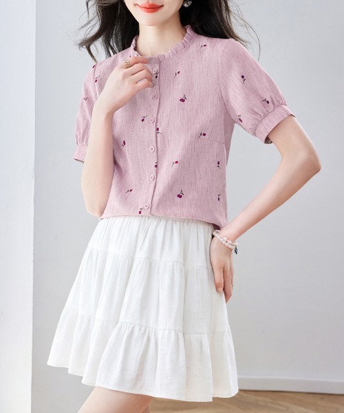 ONEP STAR(ワンピスター)の「さくらんぼ柄フリル襟パフスリーブブラウス(シャツ/ブラウス・レディース・ホワイト/カーキ/ピンク/ブルー・MEDIUM/LARGE/X-LARGE)」の11枚目の写真