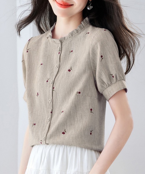 ONEP STAR(ワンピスター)の「さくらんぼ柄フリル襟パフスリーブブラウス(シャツ/ブラウス・レディース・ホワイト/カーキ/ピンク/ブルー・MEDIUM/LARGE/X-LARGE)」の12枚目の写真